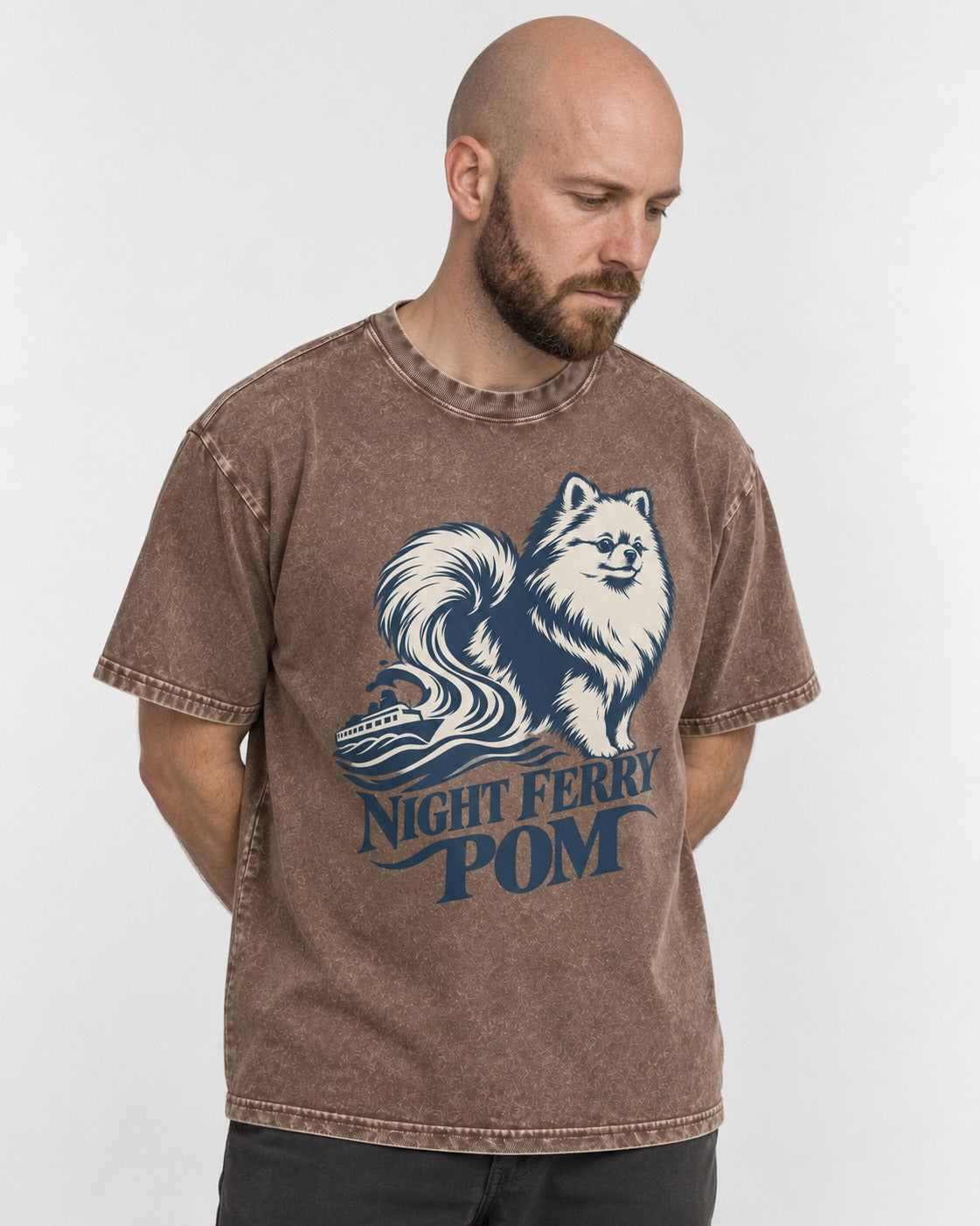Night Ferry Pomeranian Washed Tee in Coffee, worn by a model