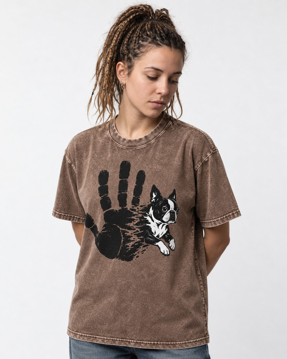 Boston Terrier High Five Washed Tee in Coffee, worn by a model