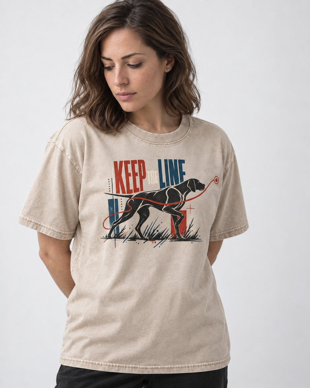 Keep the Line German Shorthaired Pointer Washed Tee in Apricot, worn by a model
