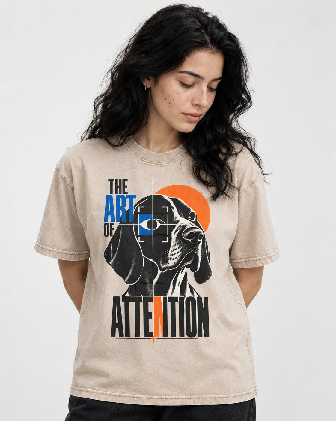 German Shorthaired Pointer Attention Washed Tee in Apricot, worn by a model