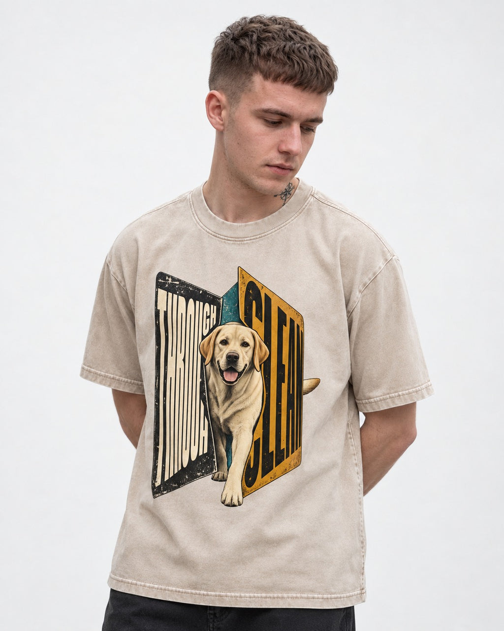 Labrador Retriever Through Steel Split Sign Graphic Washed Tee in Apricot, worn by a model