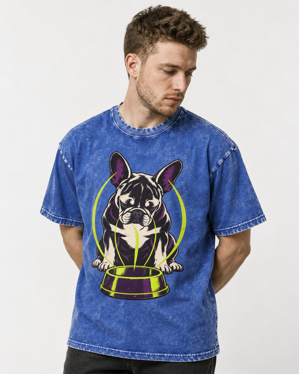 Frenchie Bowl Gravity Graphic Washed Tee in Royal Blue, worn by a model
