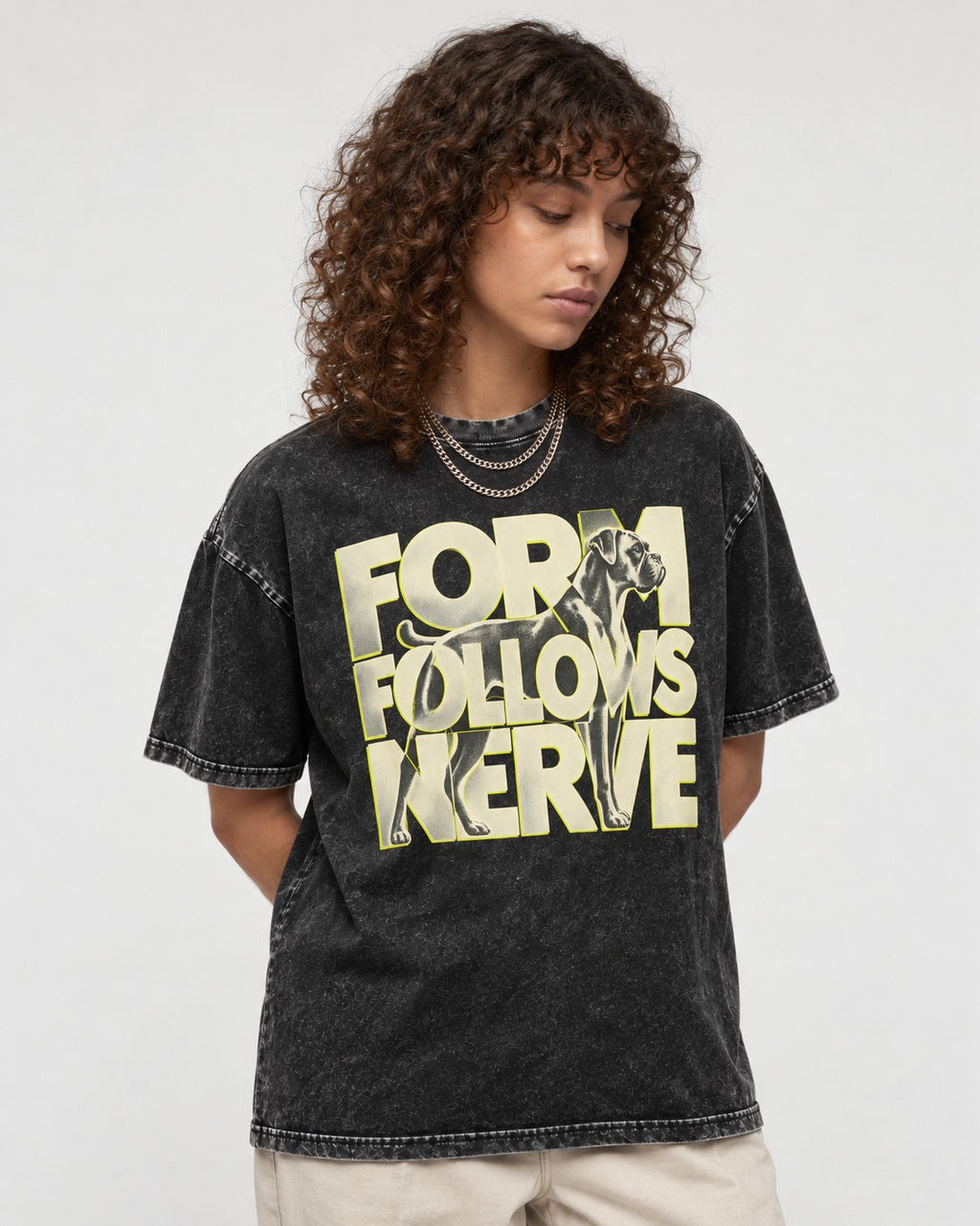 Form Follows Nerve Boxer Typography Washed Tee in Black, worn by a model