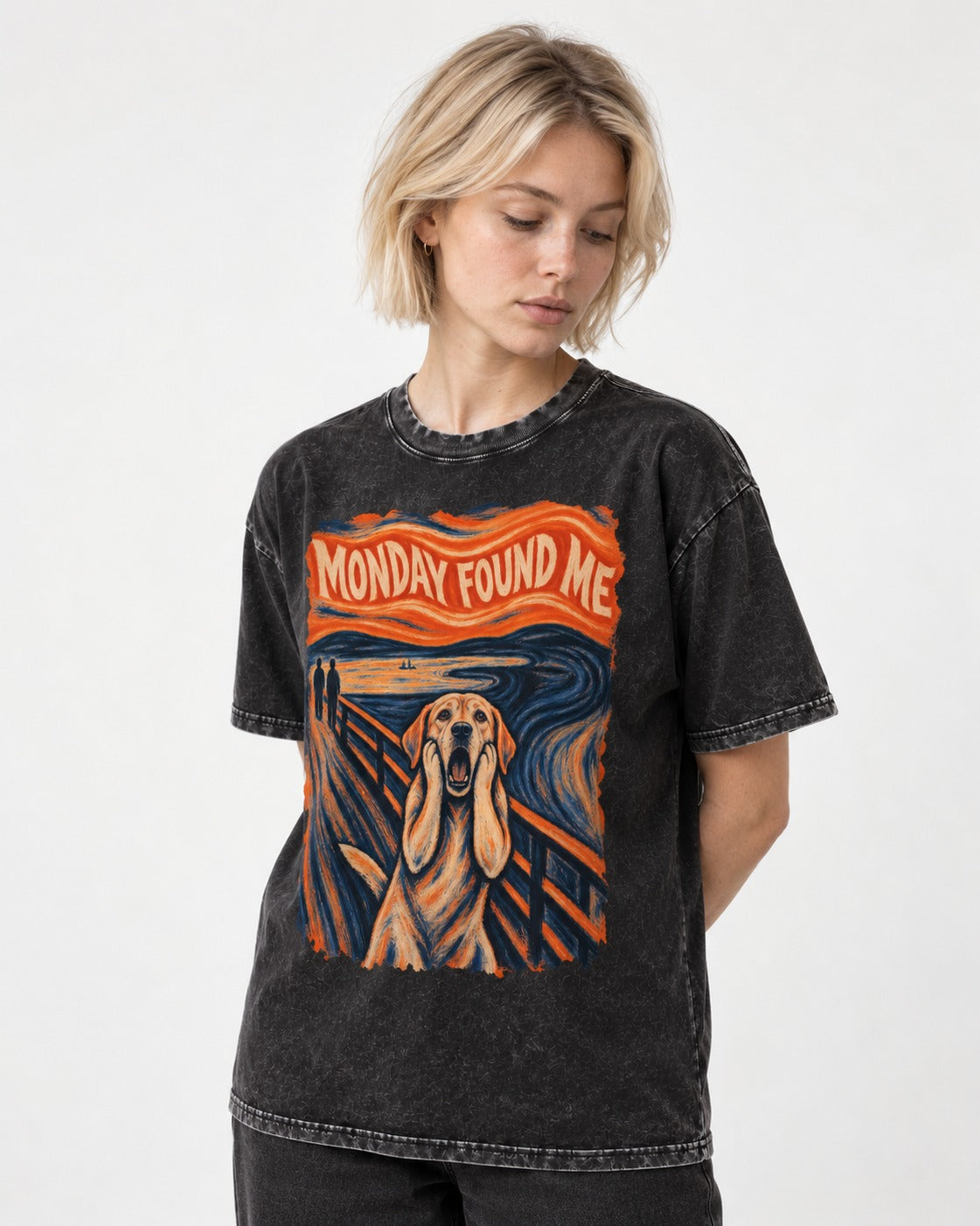 Labrador Retriever Monday Found Me Scream Parody Graphic Washed Tee in Black, worn by a model