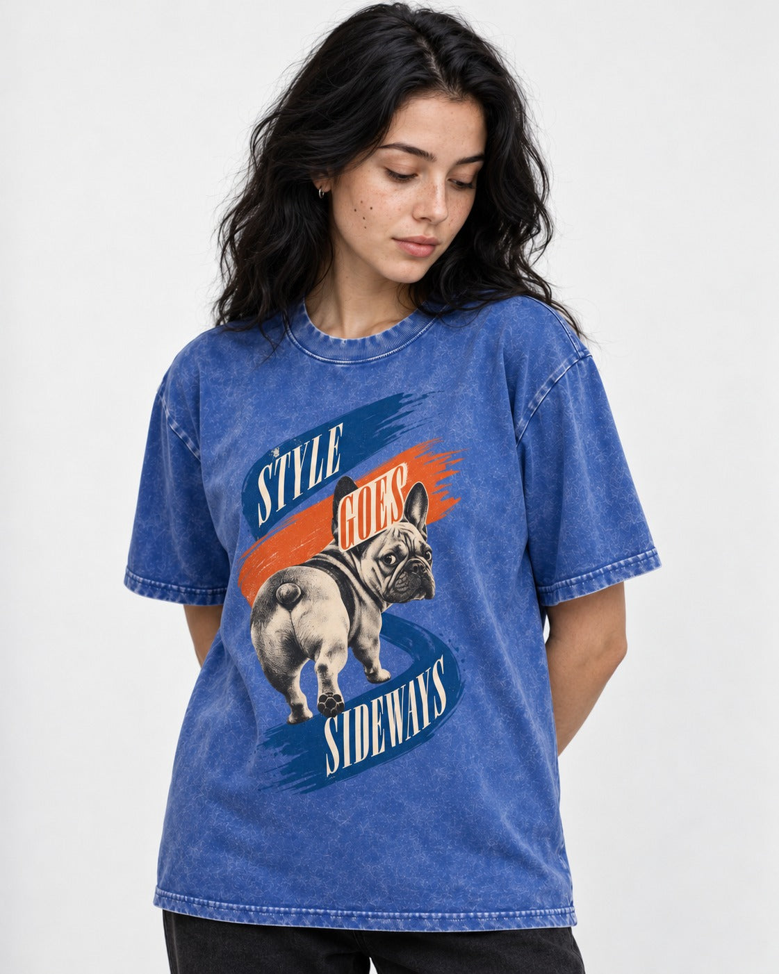 Frenchie Style Goes Sideways Graphic Washed Tee in Royal Blue, worn by a model