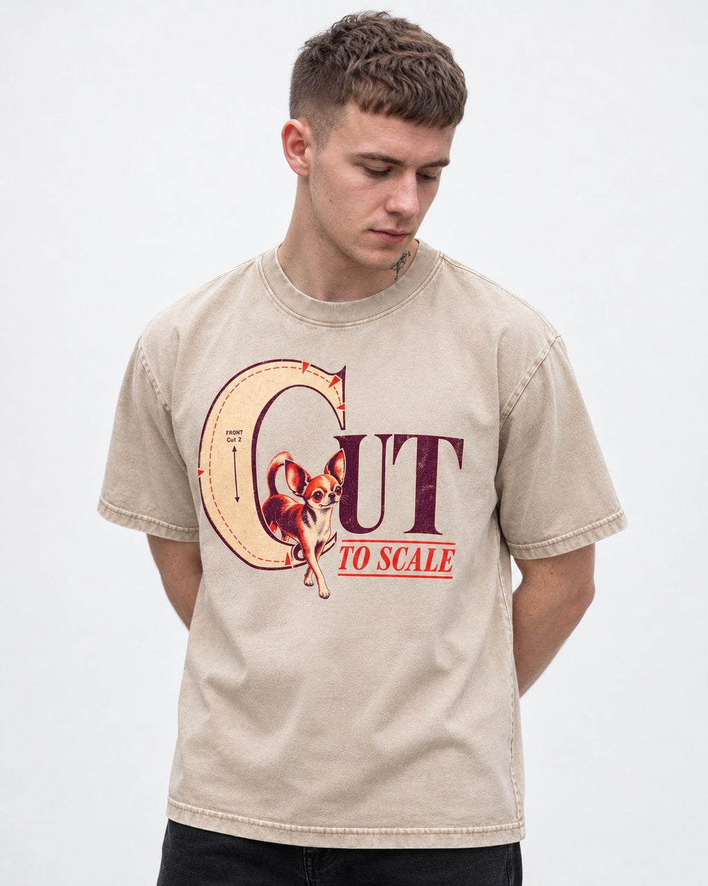 Chihuahua Cut to Scale Sewing Pattern Graphic Washed Tee in Apricot, worn by a model