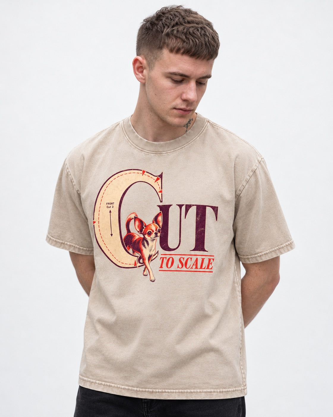 Chihuahua Cut to Scale Sewing Pattern Graphic Washed Tee in Apricot, worn by a model