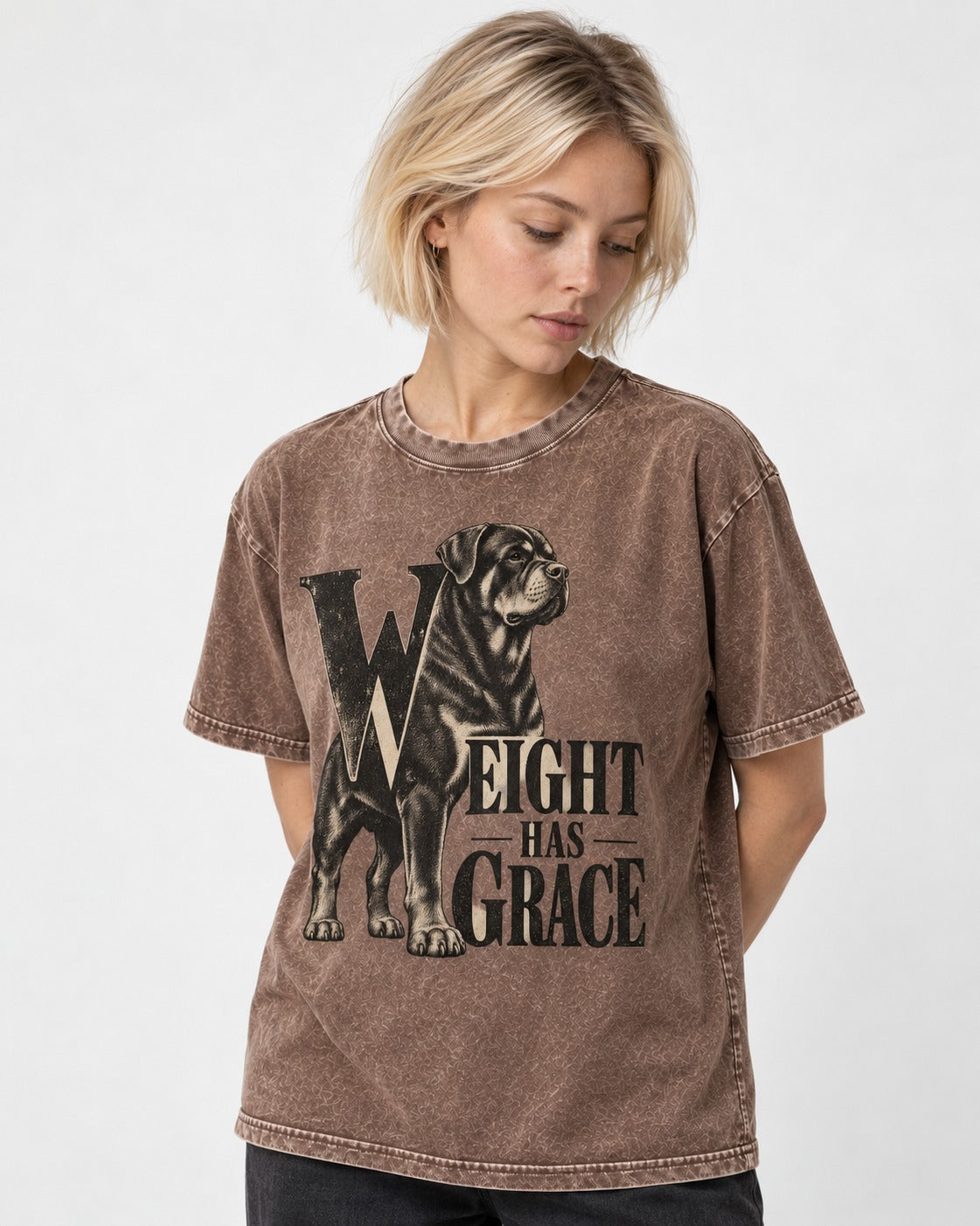 Rottweiler Weight Has Grace Washed Tee in Coffee, worn by a model