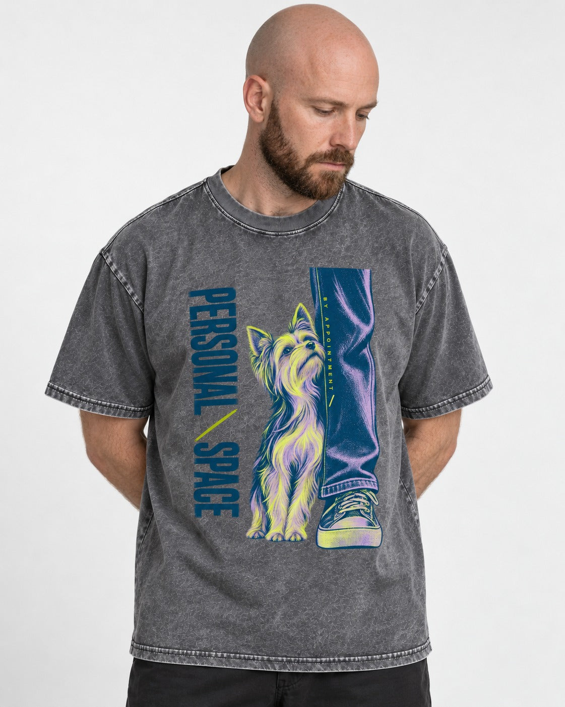 Yorkshire Terrier Personal Space by Appointment Washed Tee in Gray, worn by a model