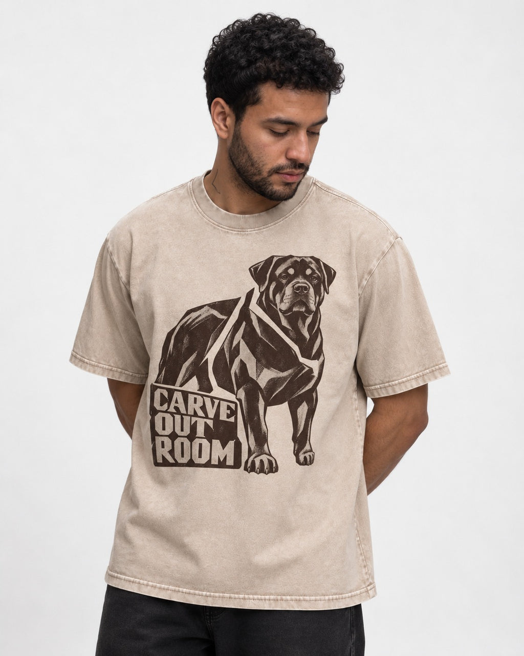 Carve Out Room for Rottweiler Washed Tee in Apricot, worn by a model