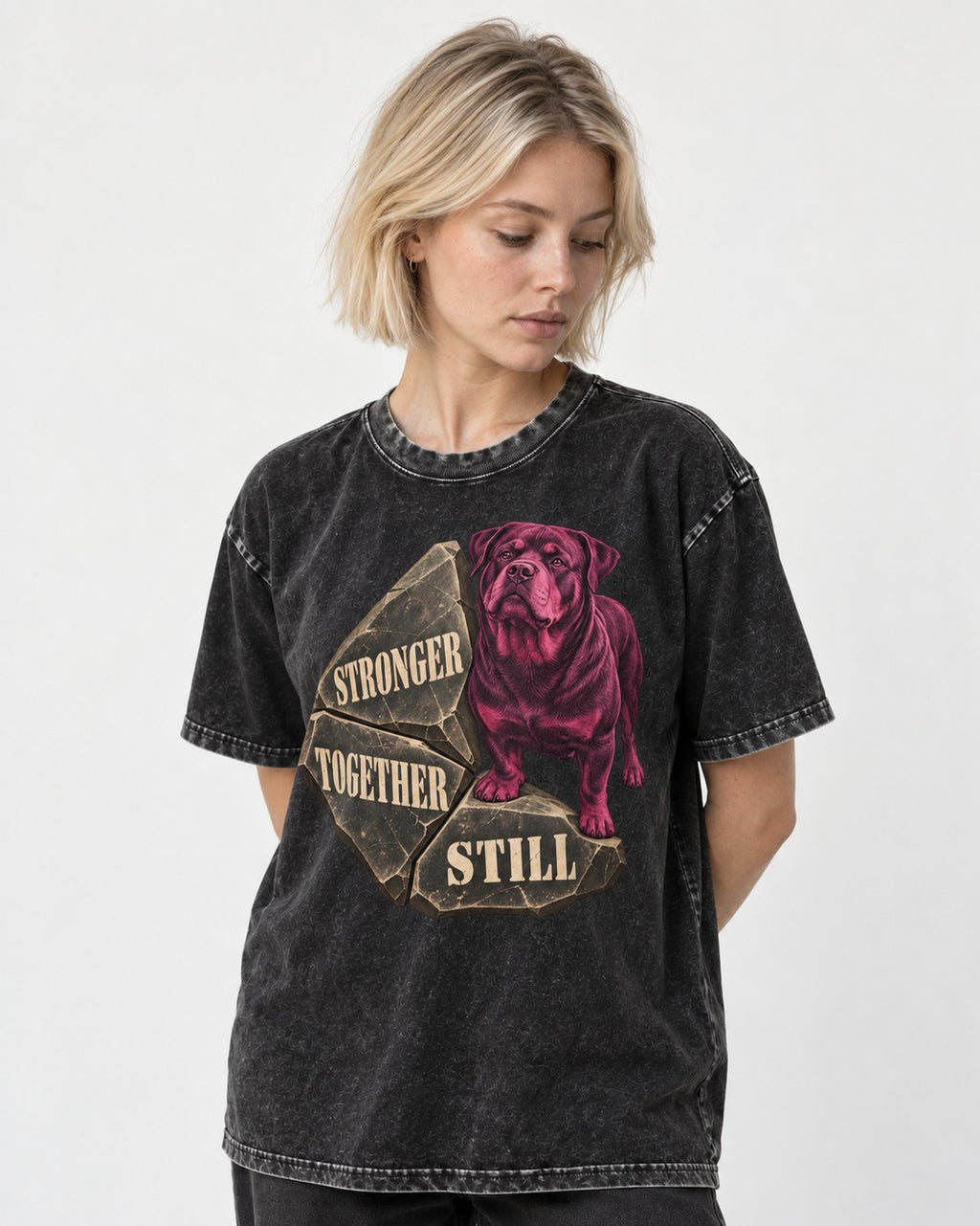 Rottweiler Stronger Together Still Foundation Stone Graphic Washed Tee in Black, worn by a model