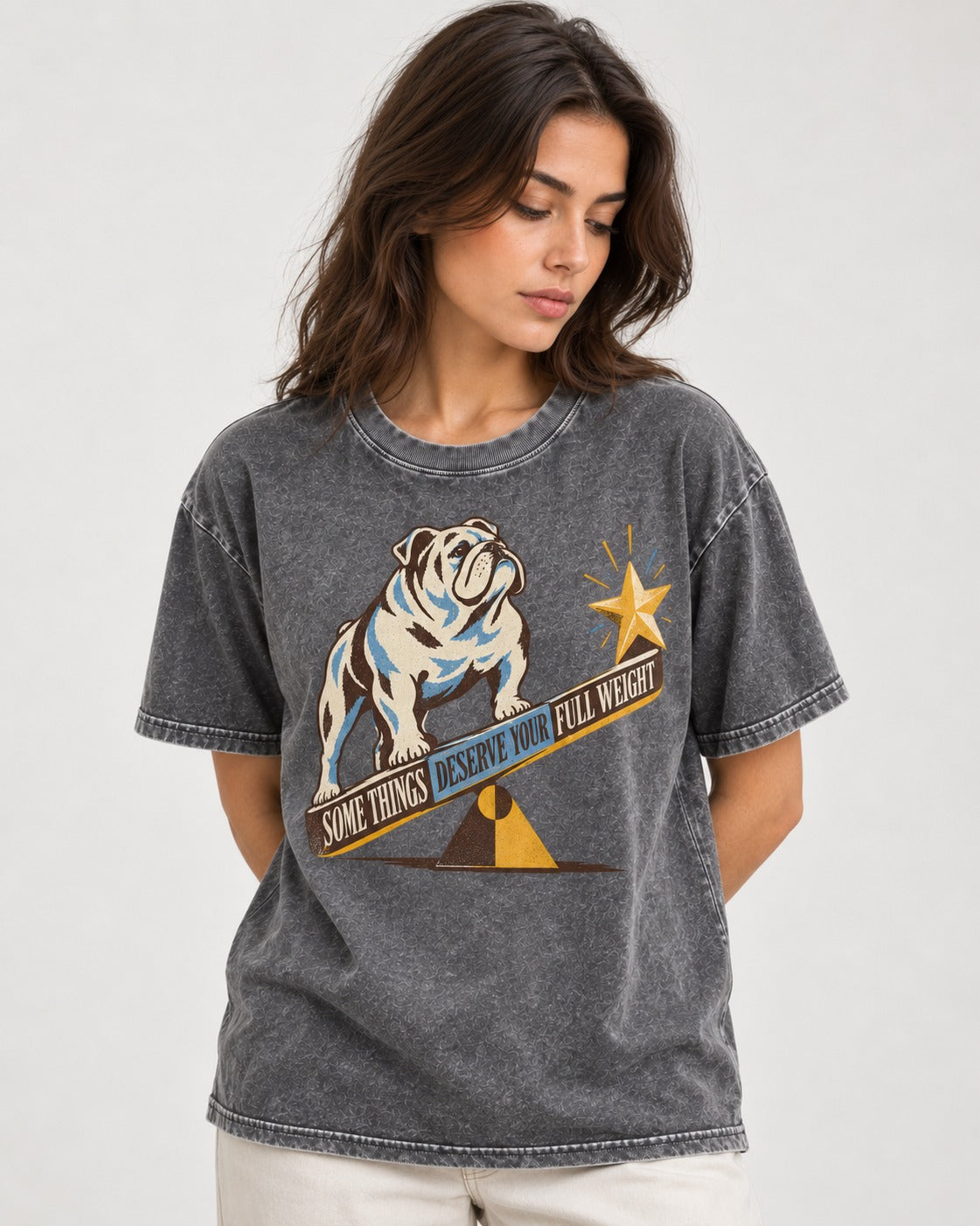 Some Things Deserve Your Full Weight English Bulldog Graphic Washed Tee in Gray, worn by a model