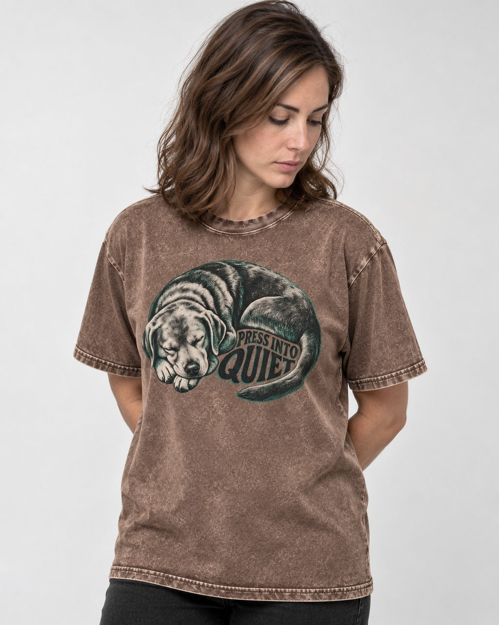 Labrador Retriever Press Into Quiet Washed Tee in Coffee, worn by a model