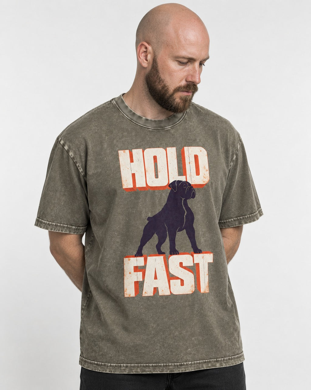 Hold Fast Boxer Typography Graphic Washed Tee in Army Green, worn by a model