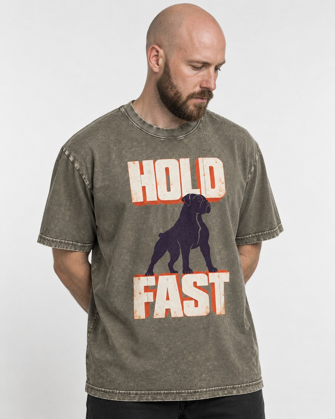 Hold Fast Boxer Typography Graphic Washed Tee in Army Green, worn by a model