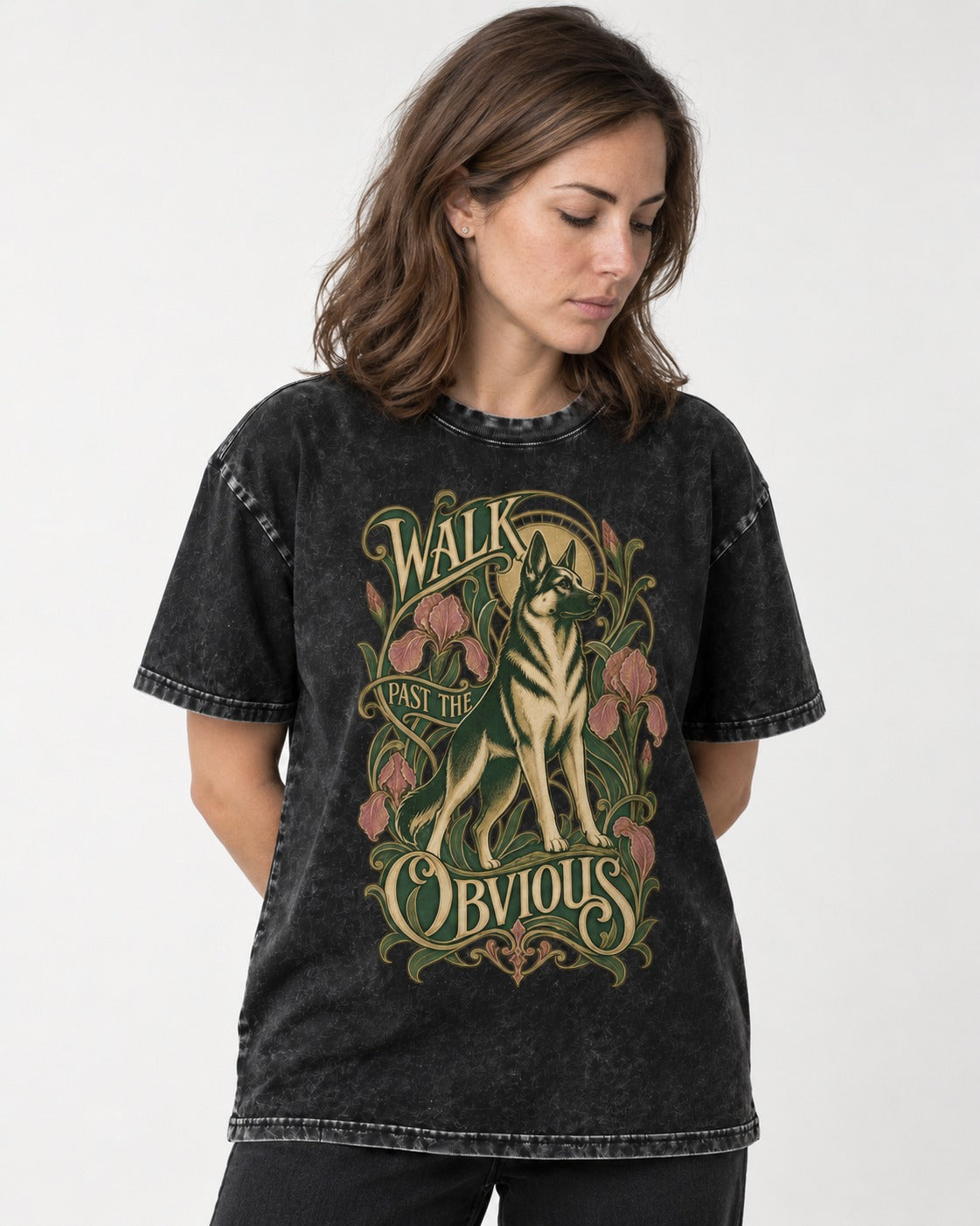 Walk Past The Obvious Art Nouveau German Shepherd Dog Graphic Washed Tee in Black, worn by a model