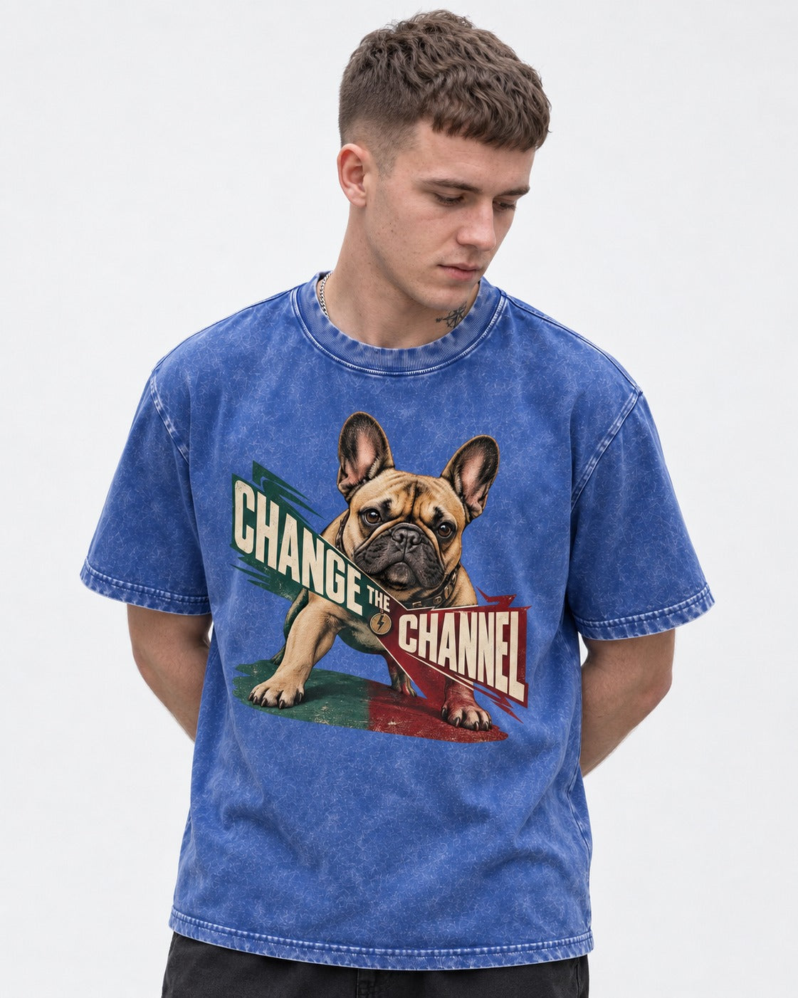 Frenchie Change the Channel Graphic Washed Tee in Royal Blue, worn by a model