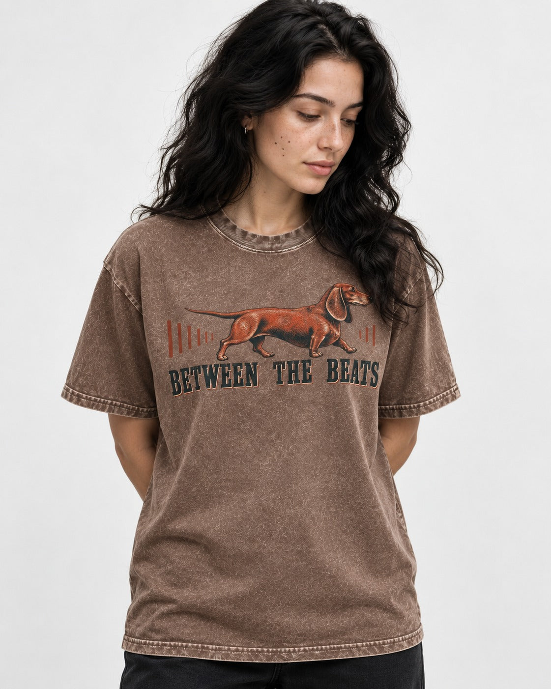 Dachshund Between the Beats Washed Tee in Coffee, worn by a model