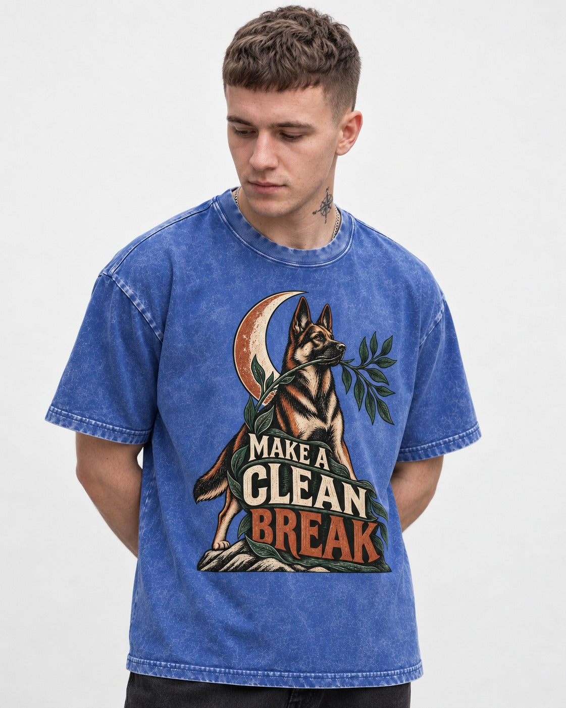 Make A Clean Break Crescent Botanical German Shepherd Dog Graphic Washed Tee in Royal Blue, worn by a model