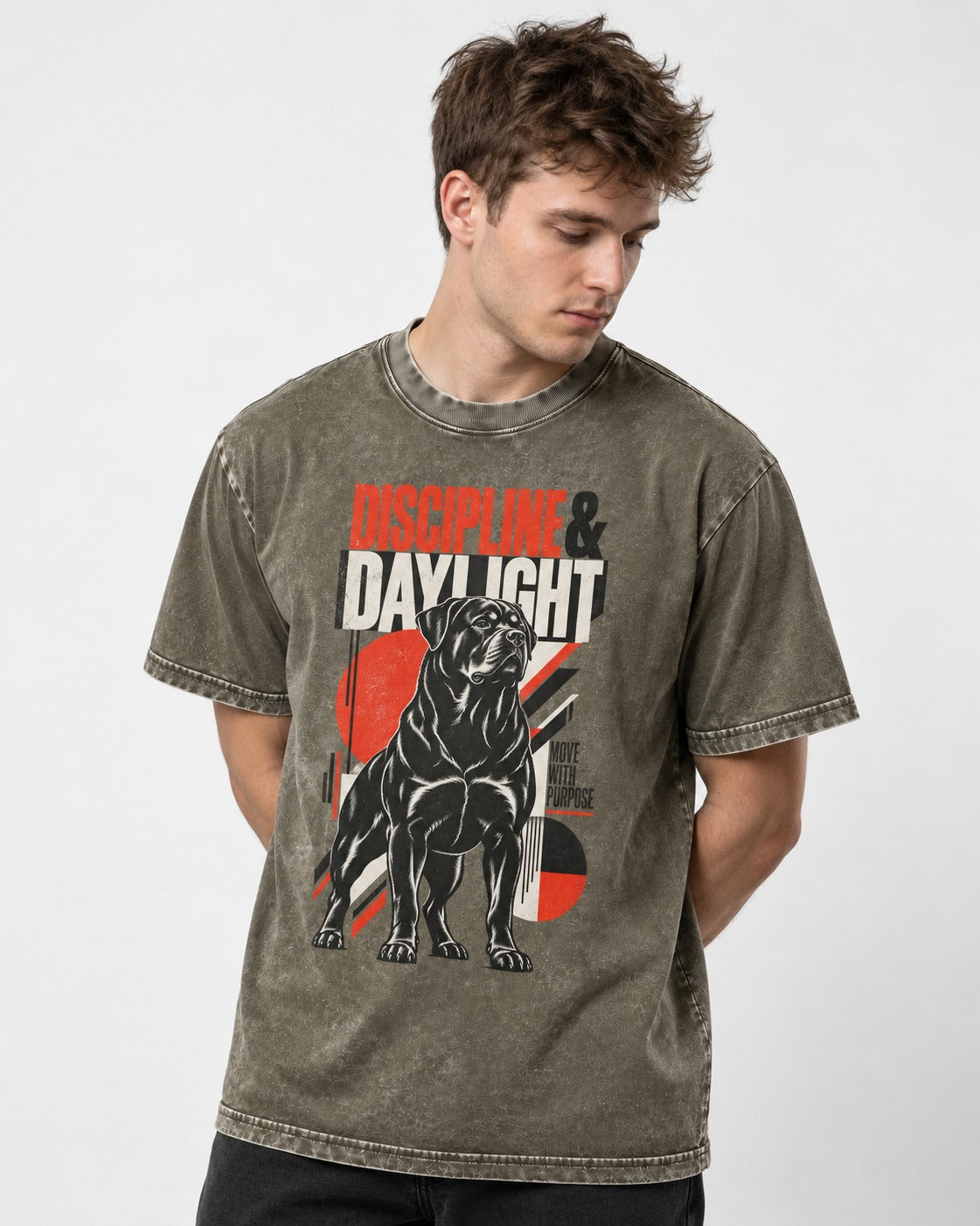 Discipline and Daylight Rottweiler Move With Purpose Washed Tee in Army Green, worn by a model