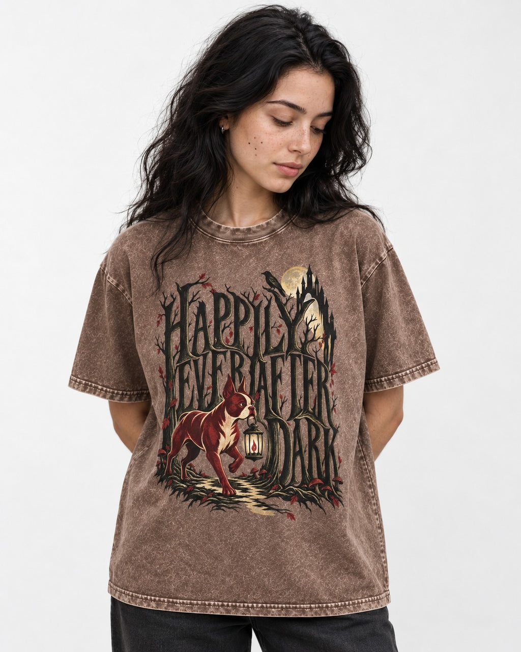 Happily Ever After Dark Boston Terrier Washed Tee in Coffee, worn by a model