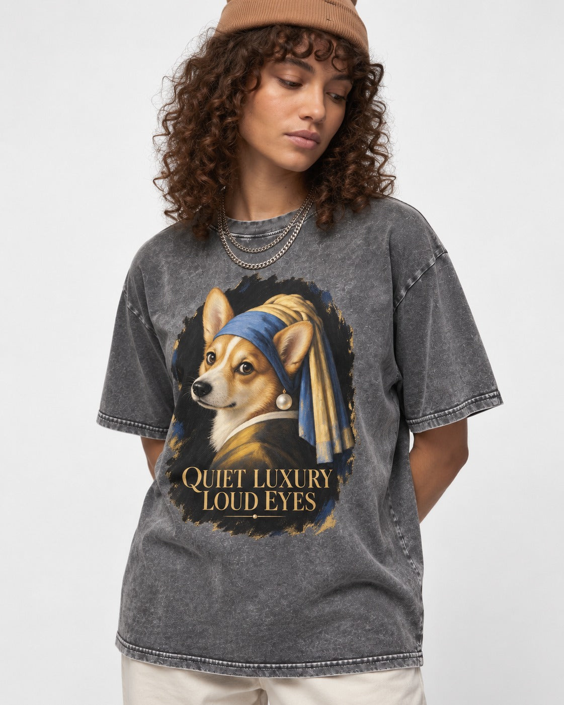 Corgi Quiet Luxury Loud Eyes Pearl Earring Portrait Washed Tee in Gray, worn by a model