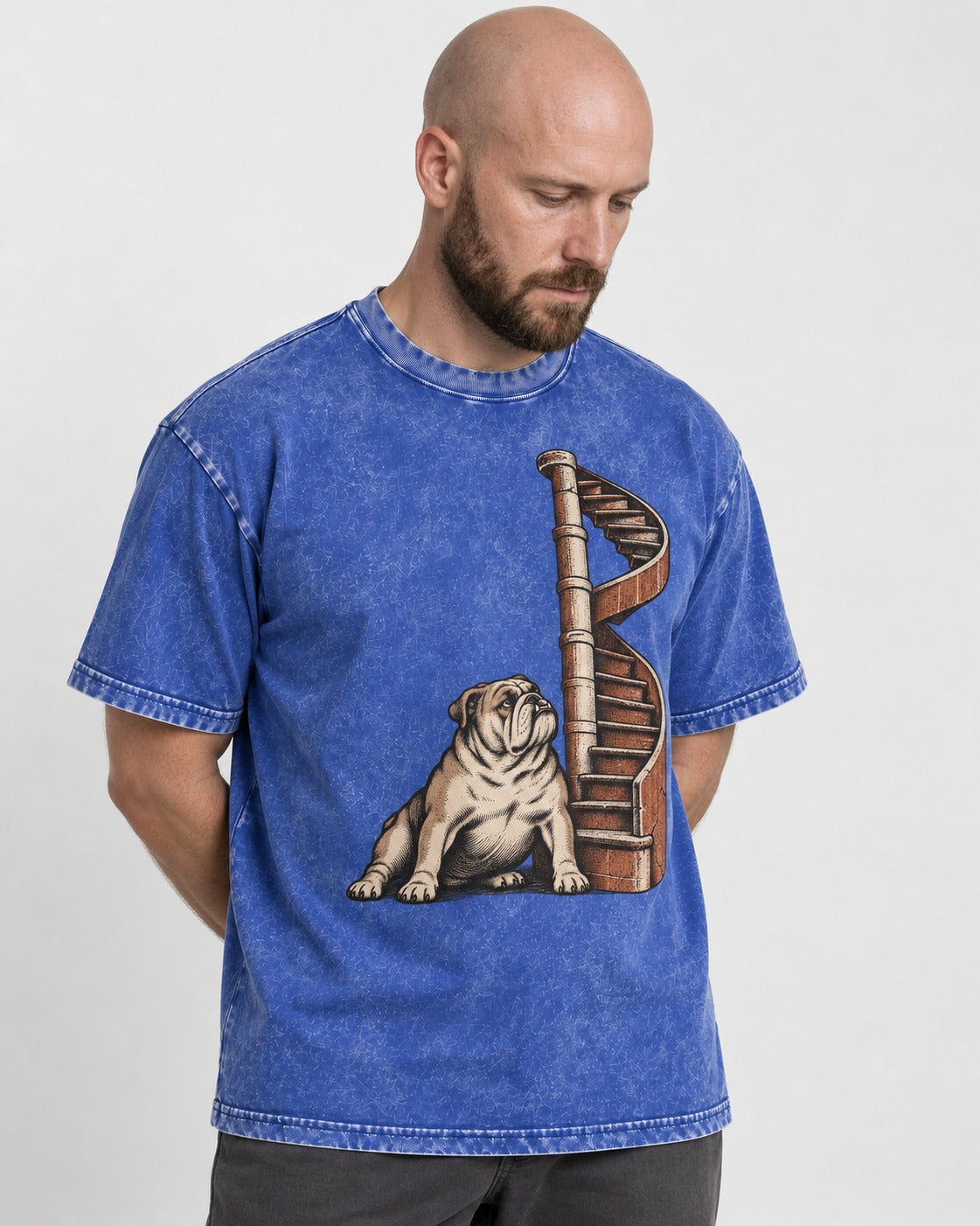 English Bulldog Spiral Staircase Graphic Washed Tee in Royal Blue, worn by a model