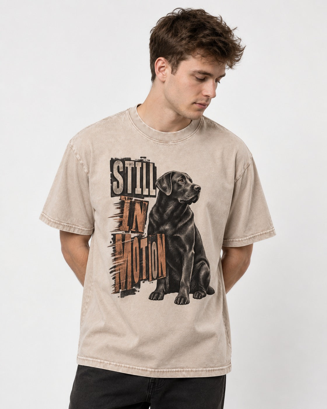 Labrador Retriever Still in Motion Seated Graphic Washed Tee in Apricot, worn by a model