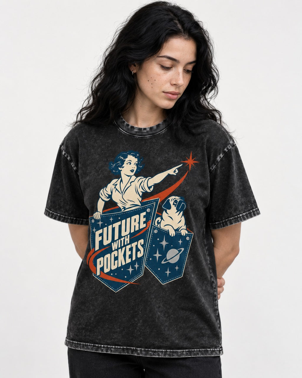 Pug Future with Pockets Space Pocket Graphic Washed Tee in Black, worn by a model