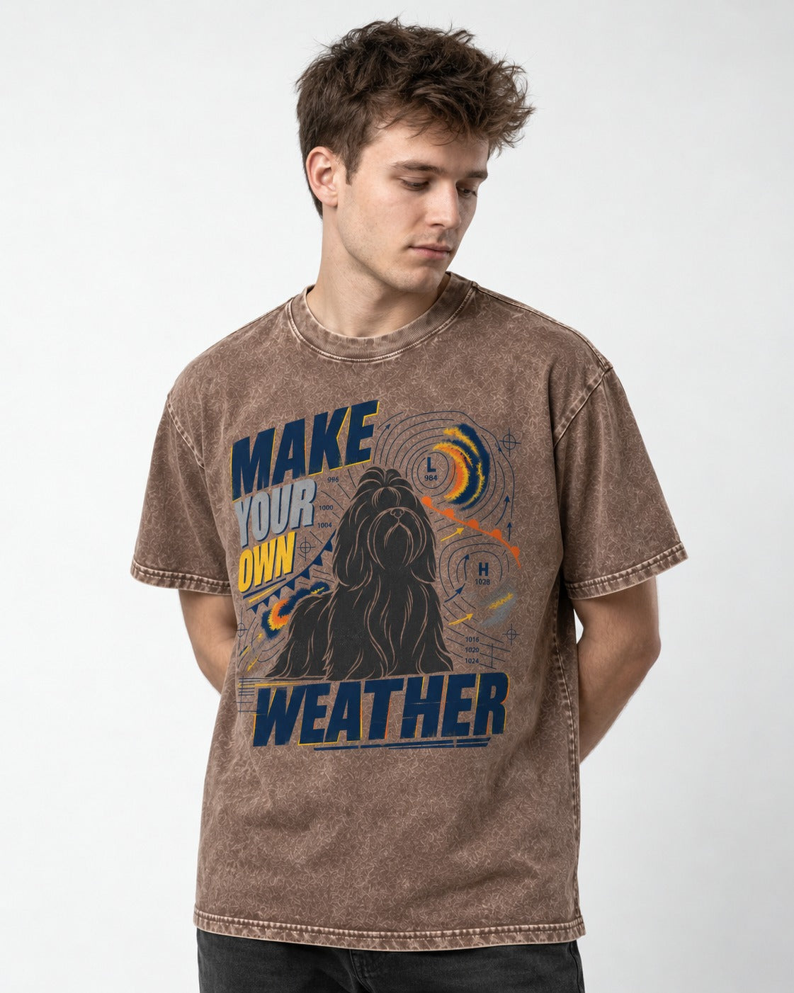 Shih Tzu Make Your Own Weather Washed Tee in Coffee, worn by a model