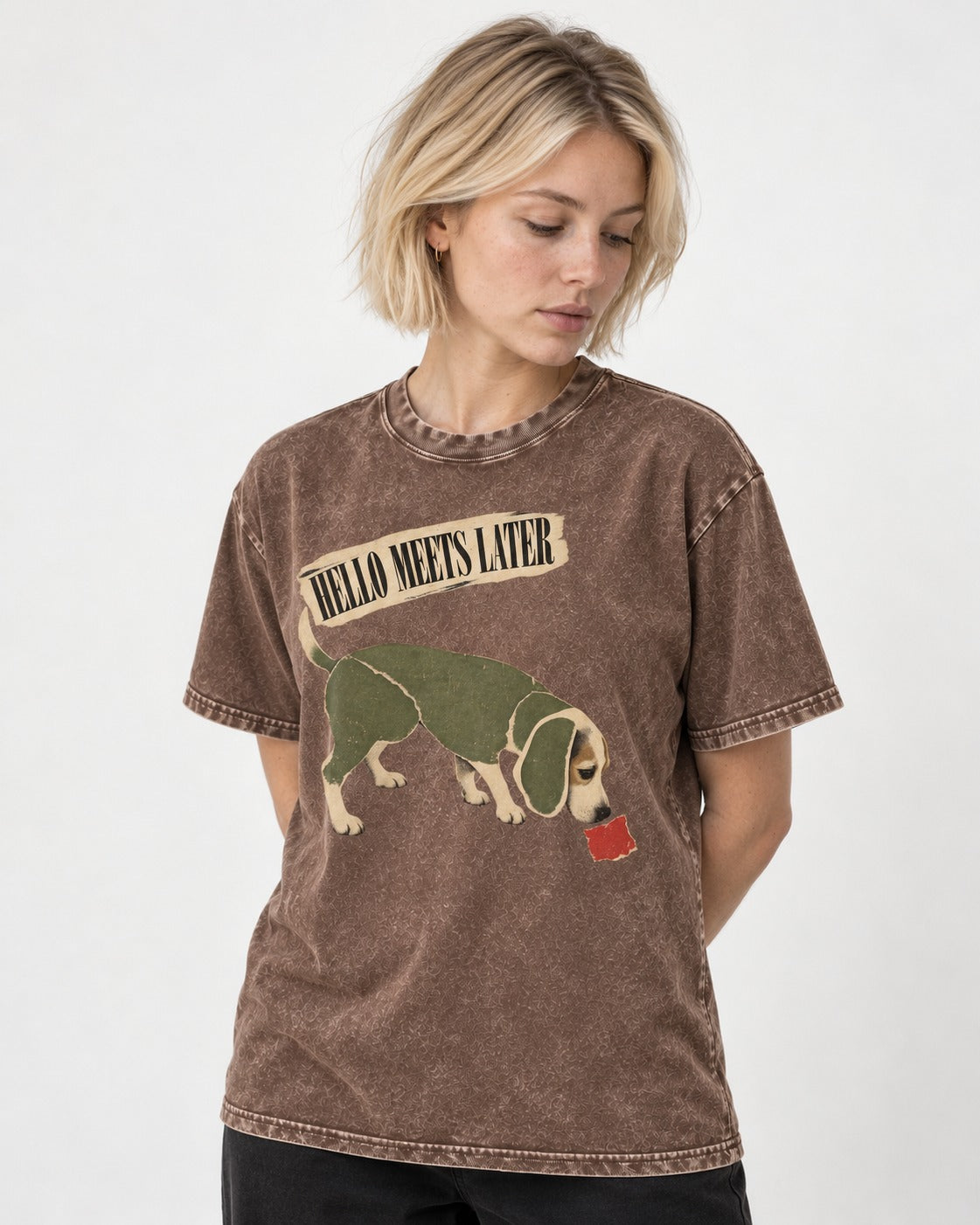 Twenty Minutes Later Beagle Washed Tee in Coffee, worn by a model