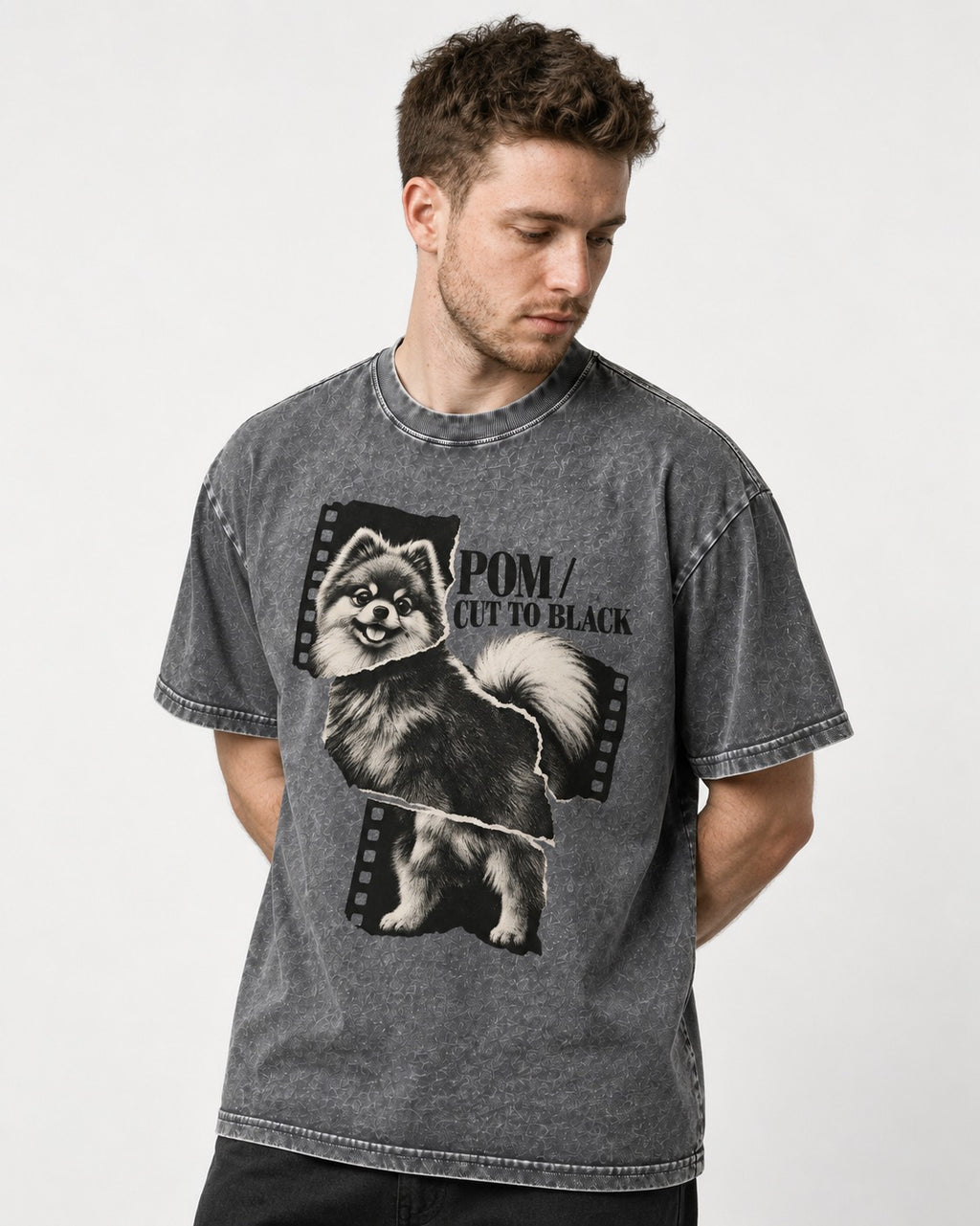 Pomeranian Cut to Black Washed Tee in Gray, worn by a model