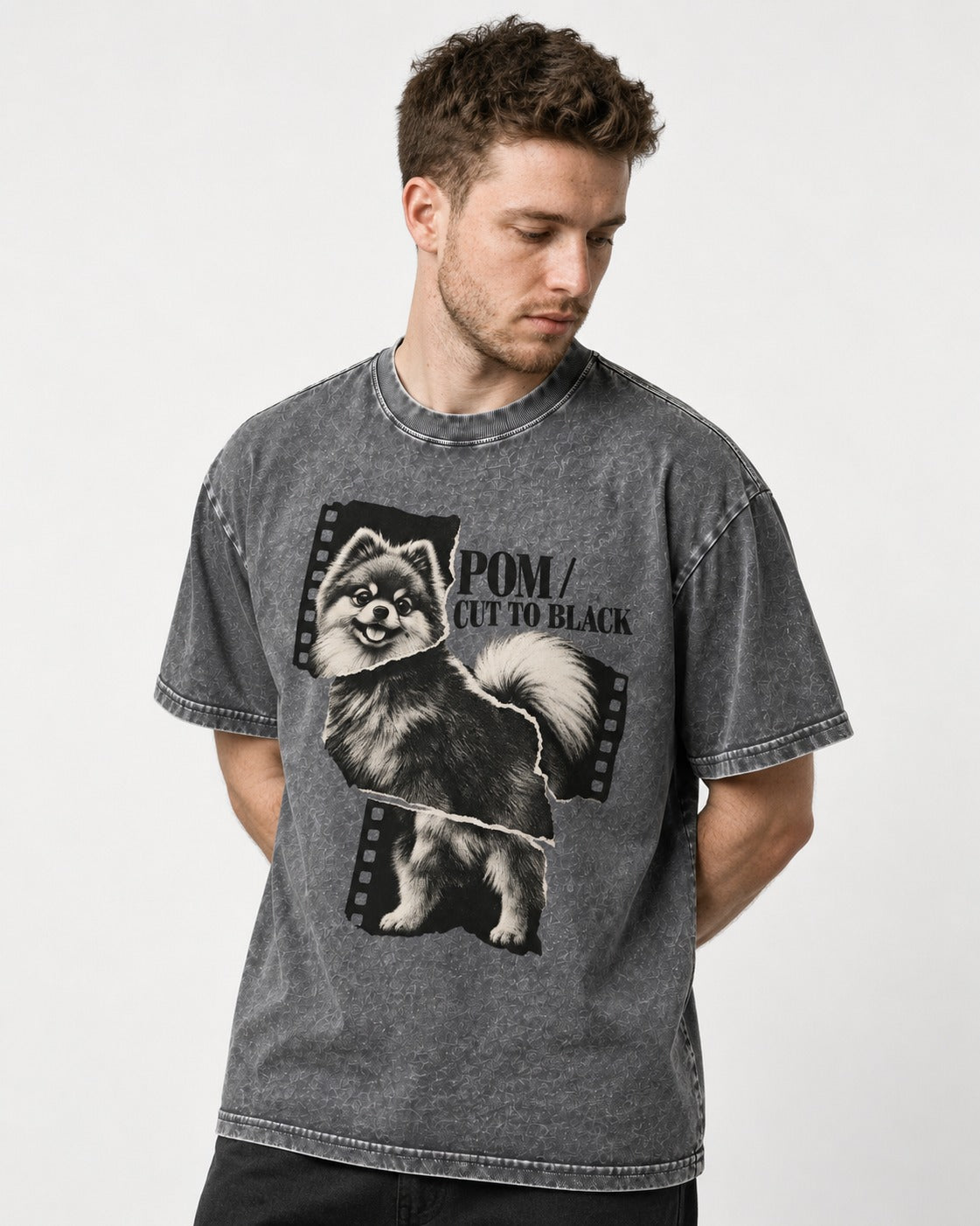 Pomeranian Cut to Black Washed Tee in Gray, worn by a model