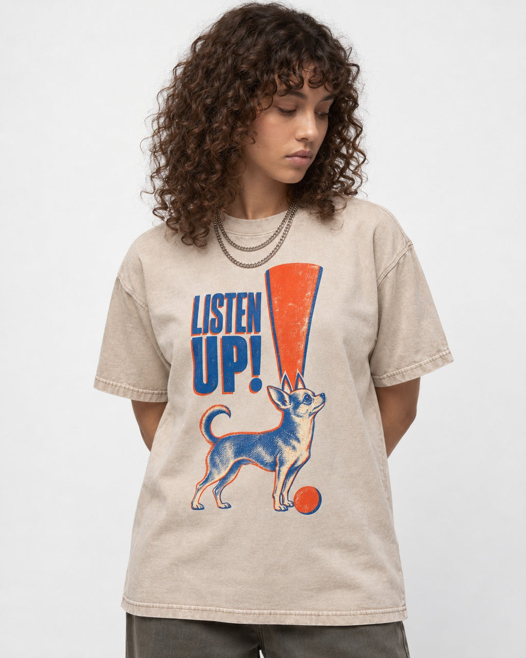 Listen Up Chihuahua Washed Tee in Apricot, worn by a model