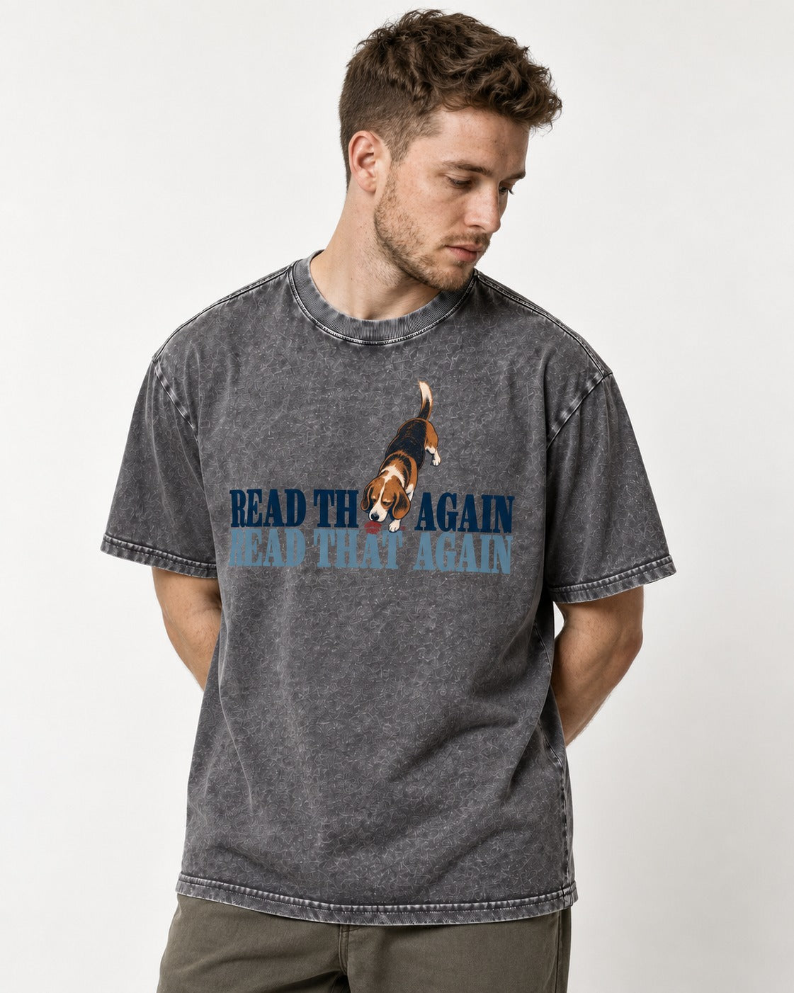 Read That Again Beagle Washed Tee in Gray, worn by a model