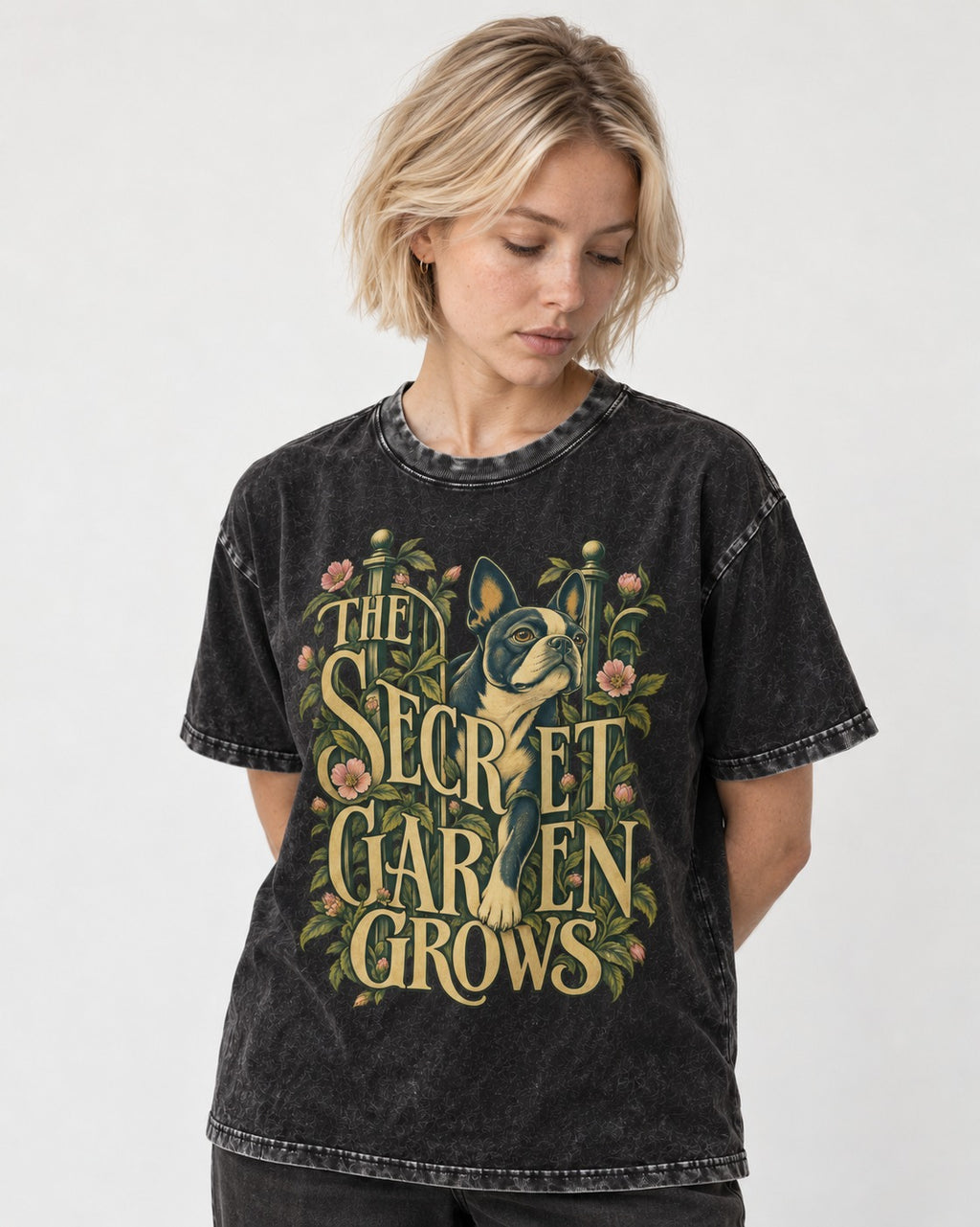 The Secret Garden Grows Boston Terrier Washed Tee in Black, worn by a model