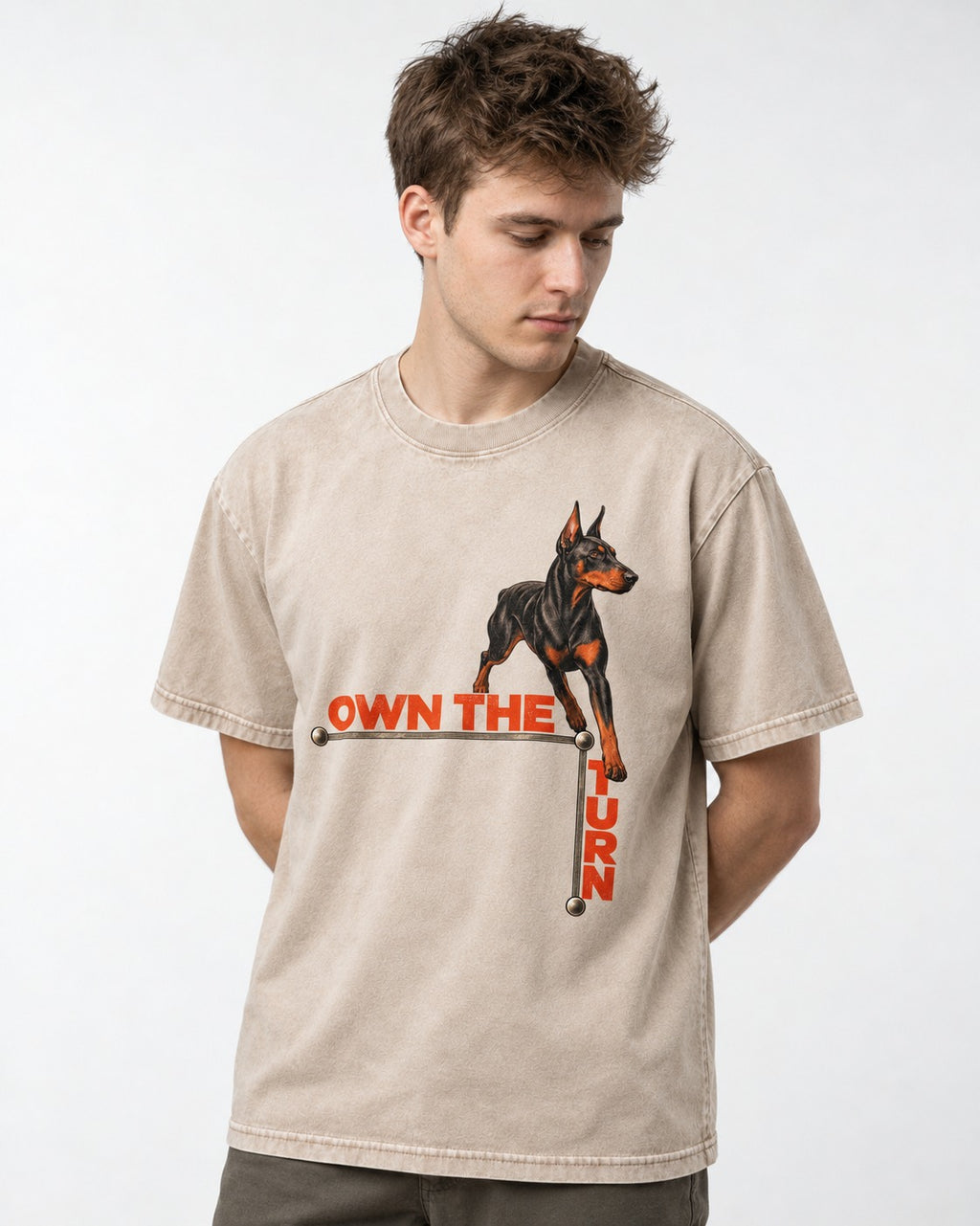 Own the Turn Doberman Washed Tee in Apricot, worn by a model