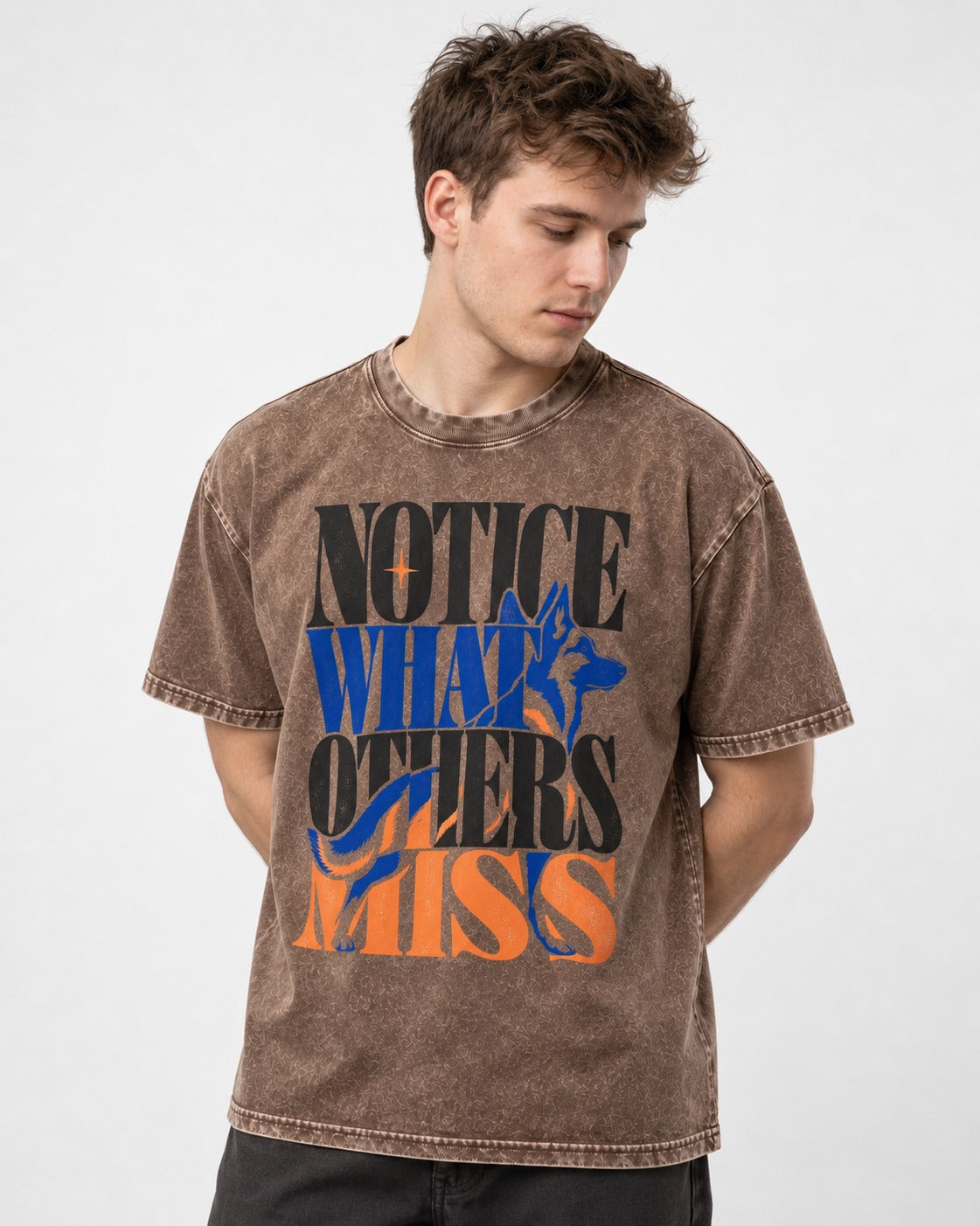 Notice What Others Miss German Shepherd Dog Washed Tee in Coffee, worn by a model