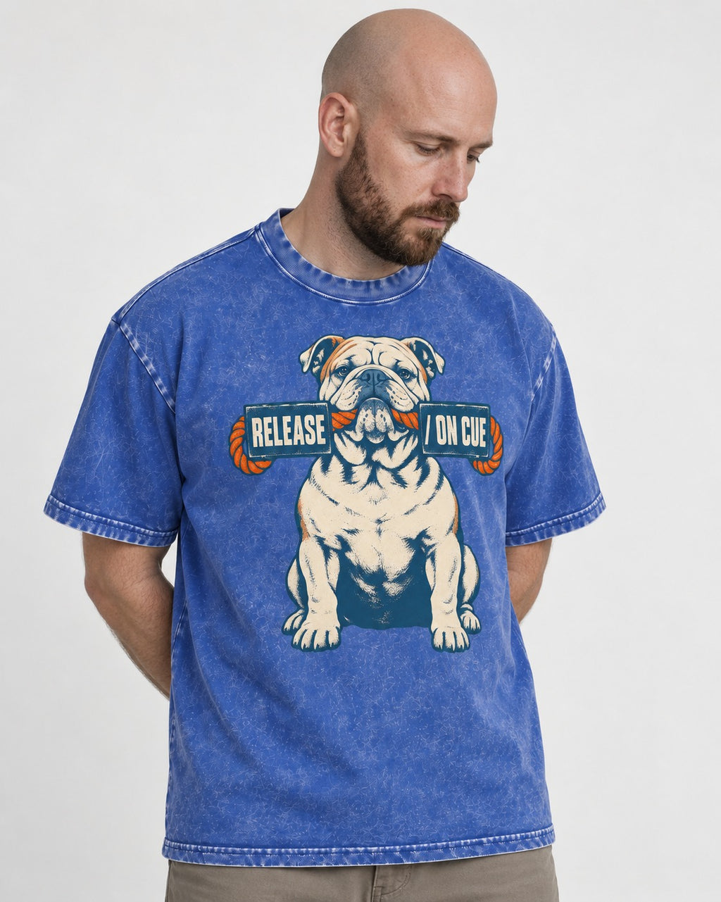 English Bulldog Release on Cue Rope Sign Graphic Washed Tee in Royal Blue, worn by a model