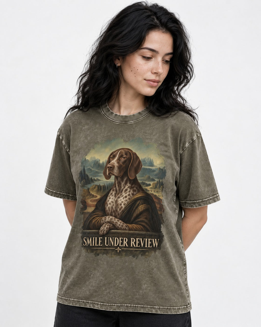 German Shorthaired Pointer Smile Under Review Renaissance Portrait Graphic Washed Tee in Army Green, worn by a model