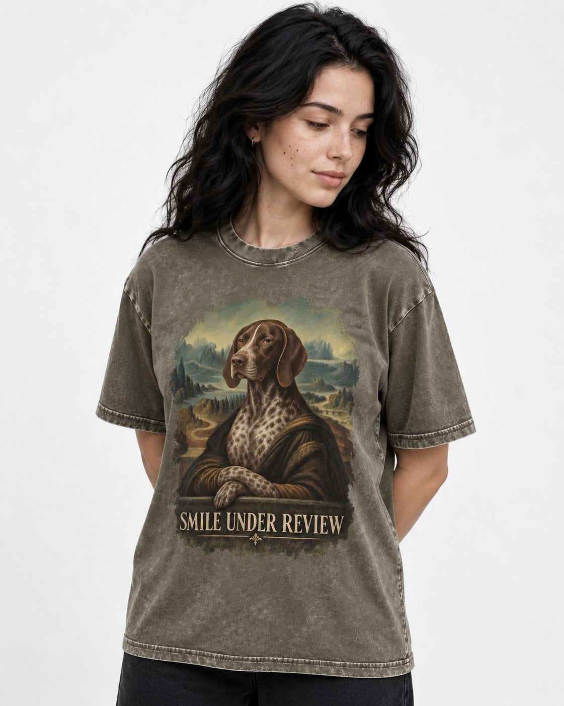 German Shorthaired Pointer Smile Under Review Renaissance Portrait Graphic Washed Tee in Army Green, worn by a model