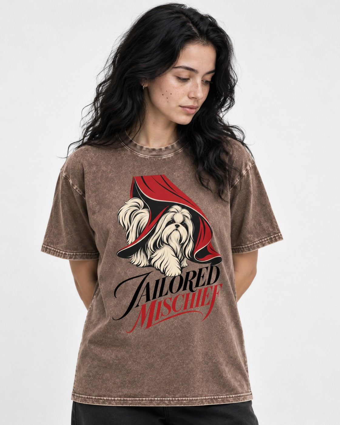 Tailored Mischief Shih Tzu Washed Tee in Coffee, worn by a model