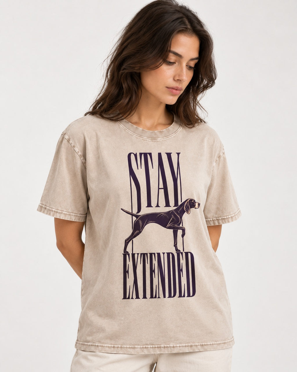 Stay Extended German Shorthaired Pointer Washed Tee in Apricot, worn by a model