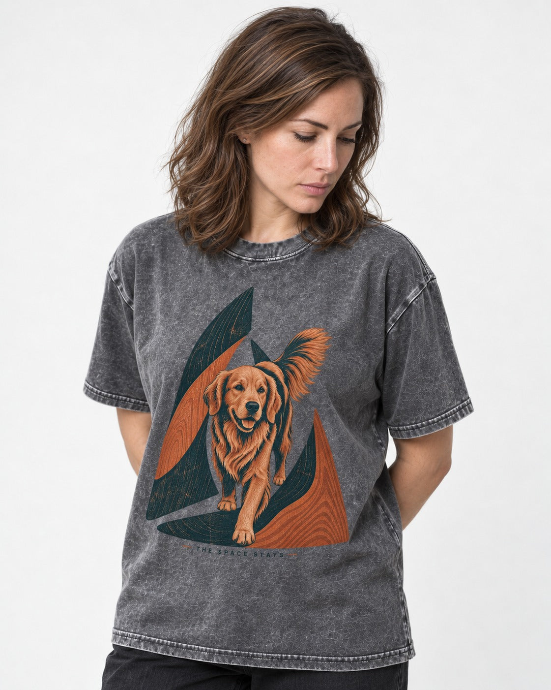 The Golden Retriever Space Stays Washed Tee in Gray, worn by a model