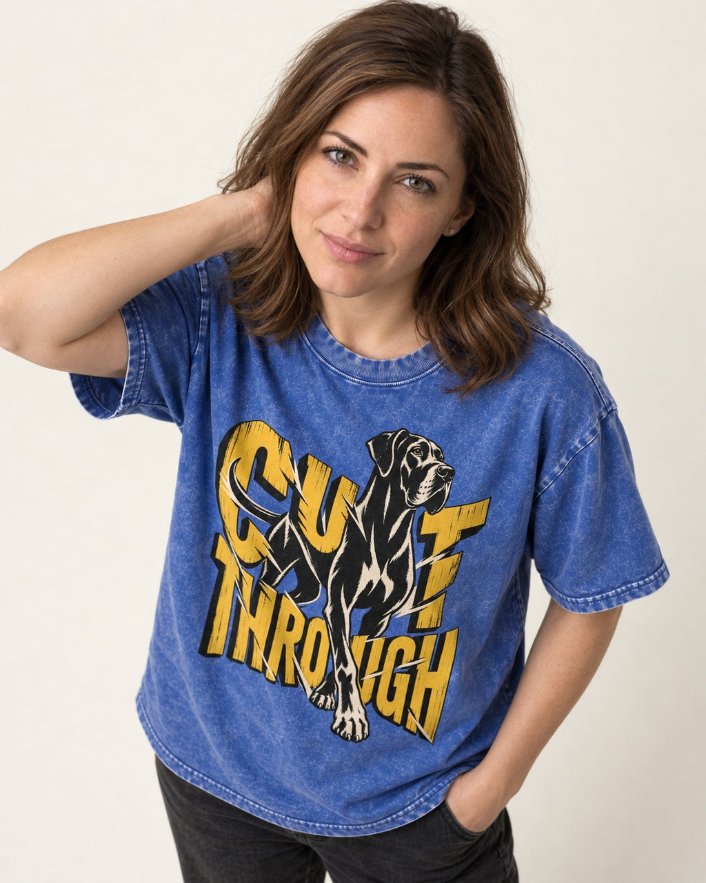 Great Dane Cut Through Breaking Type Graphic Washed Tee in Royal Blue, worn by a model