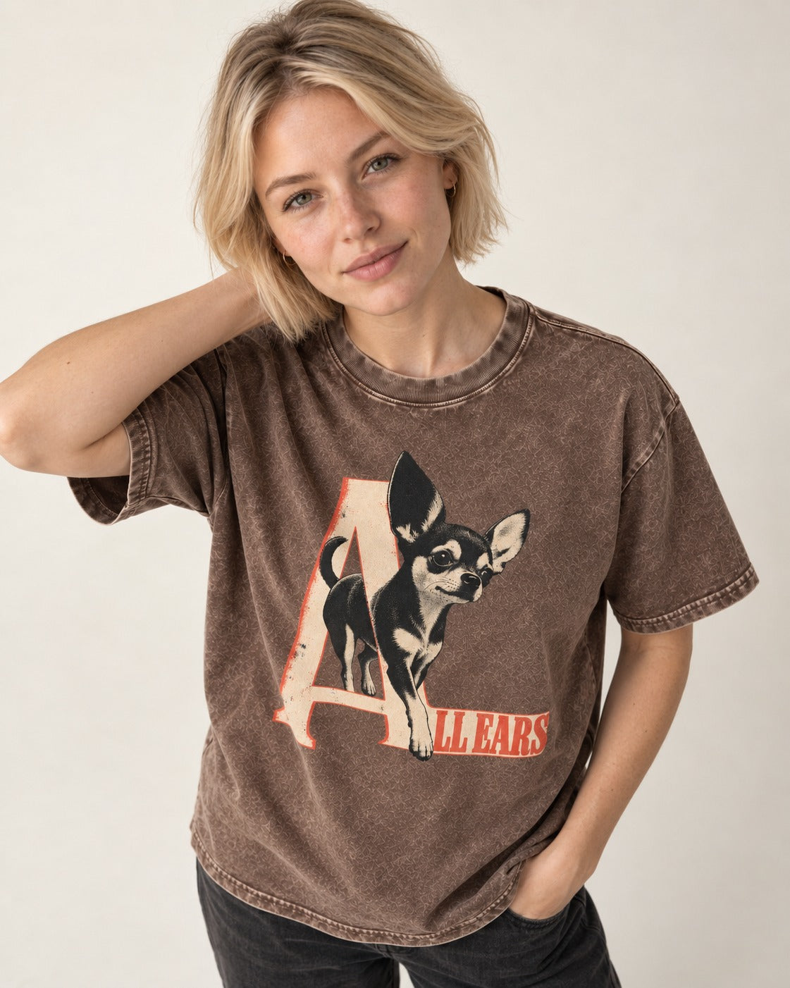All Ears Chihuahua Washed Tee in Coffee, worn by a model