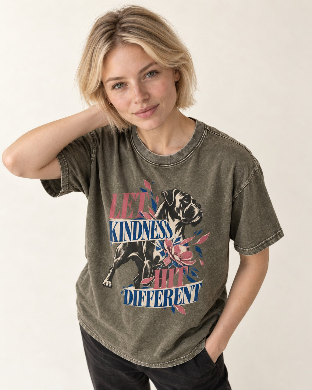 Let Kindness Hit Different Boxer Floral Collage Washed Tee in Army Green, worn by a model