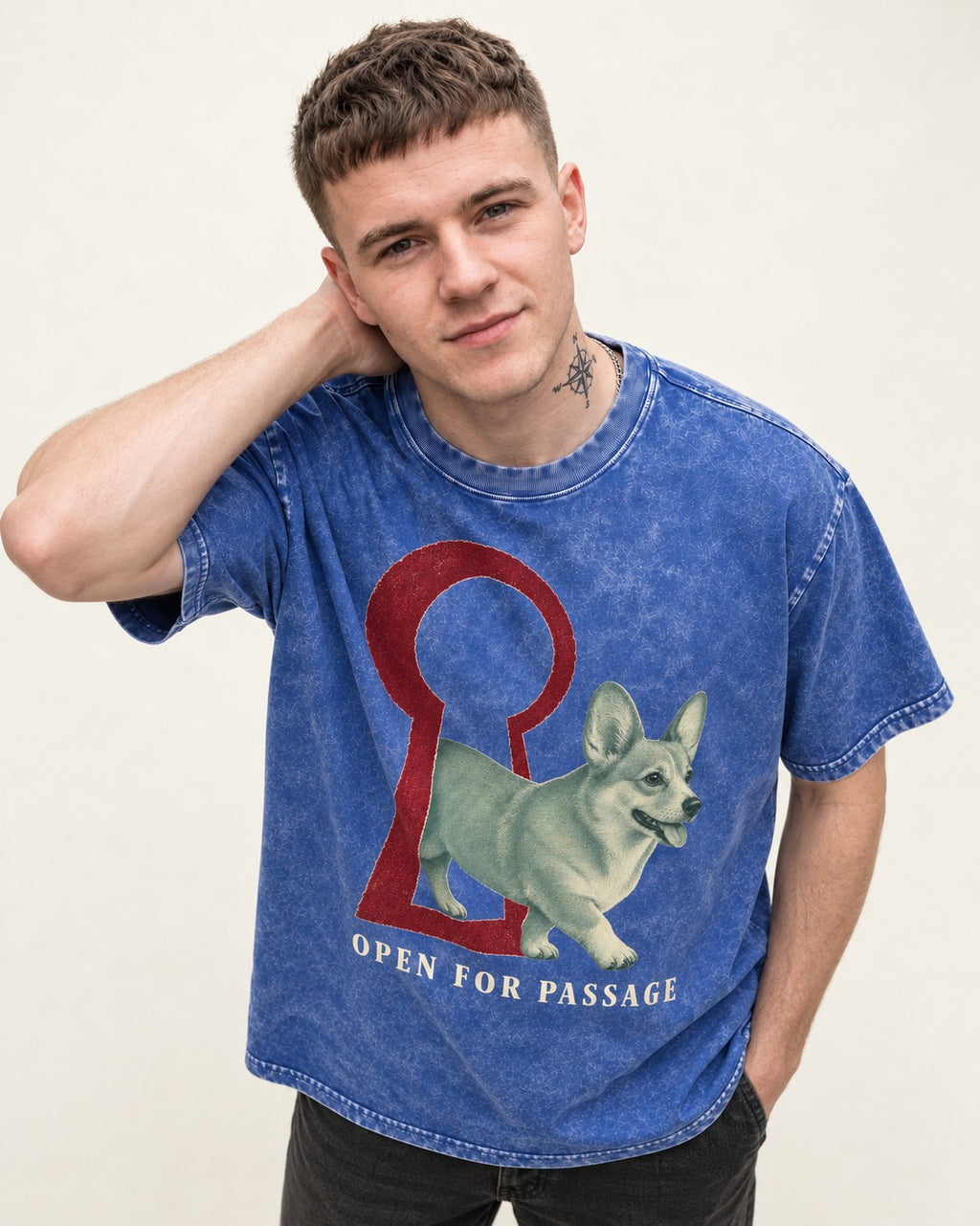 Corgi Open for Passage Keyhole Graphic Washed Tee in Royal Blue, worn by a model