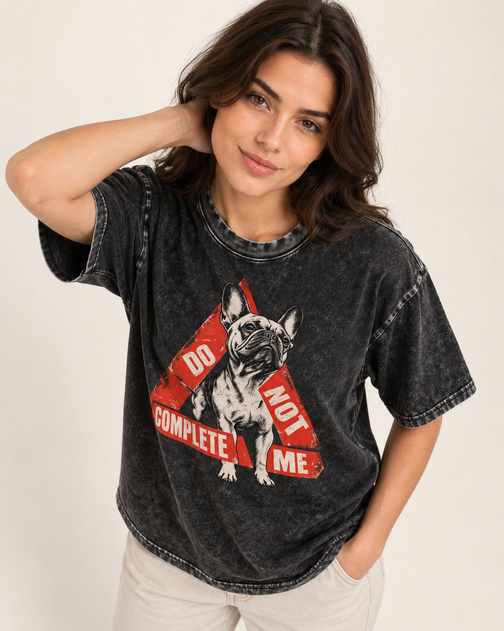 Frenchie Do Not Complete Me Warning Triangle Graphic Washed Tee in Black, worn by a model