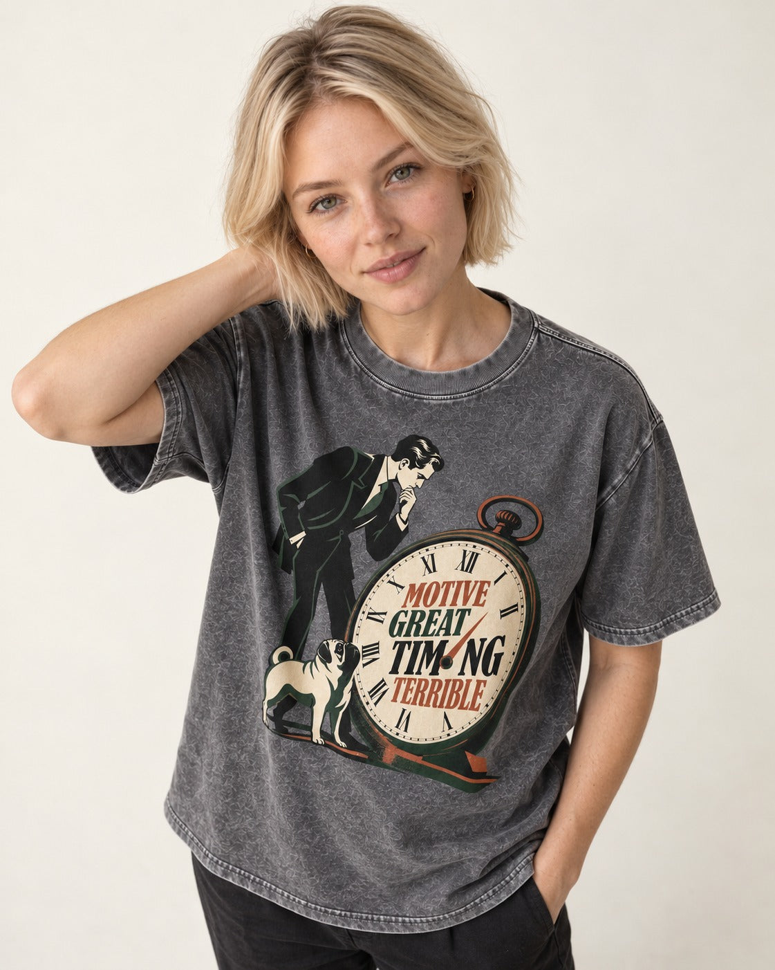 Pug Great Motive Terrible Timing Washed Tee in Gray, worn by a model